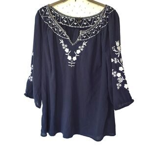Talbots Top XL Navy White Embroidered Popover Tunic Cotton Coastal Beachy Boho